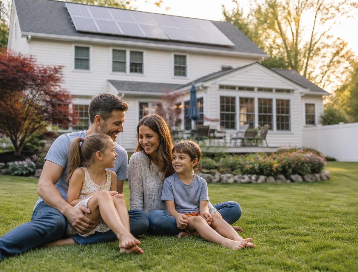 A family in their backyard with rooftop solar panels behind them