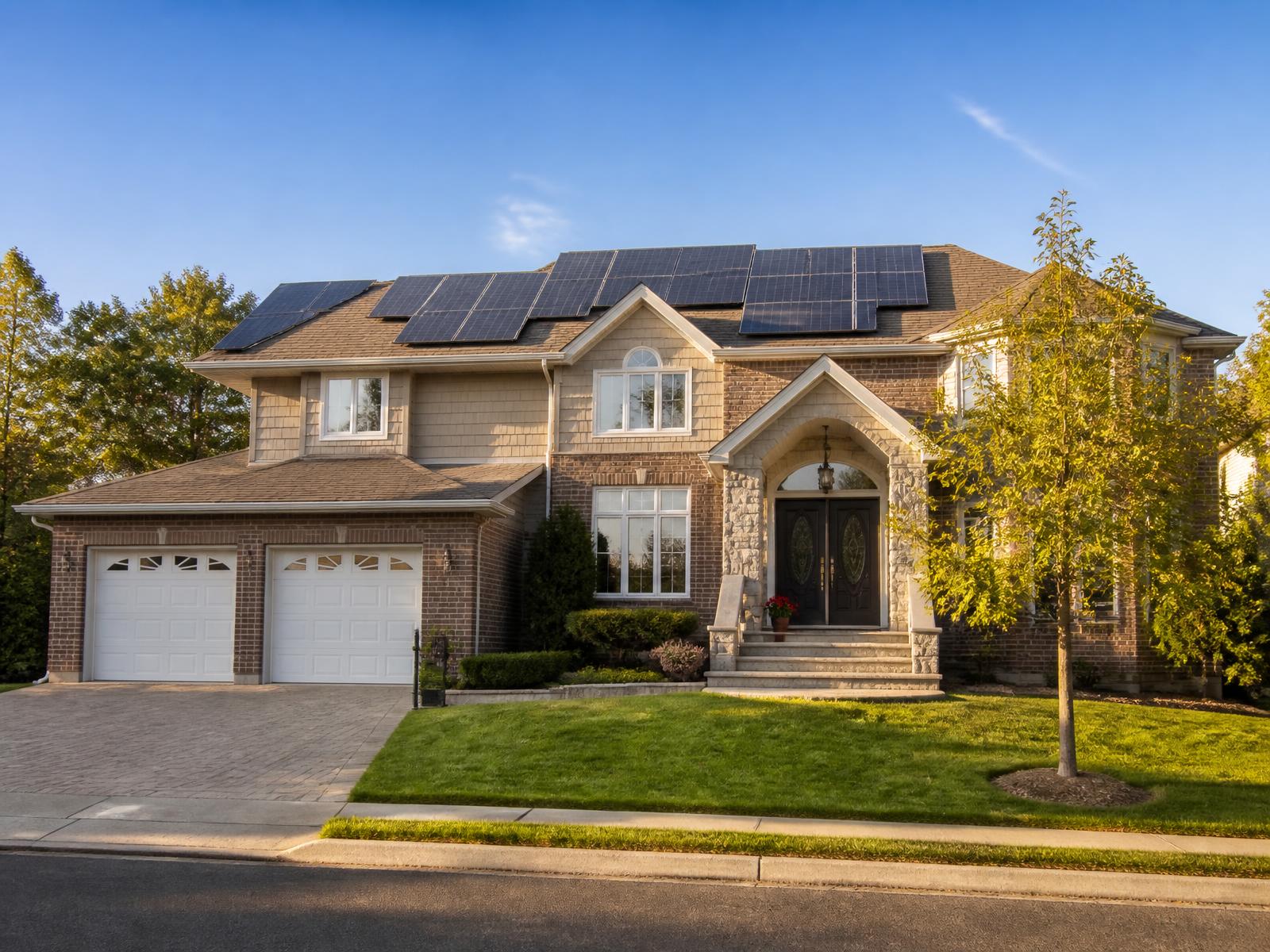 A suburban home with rooftop solar panels on a clear day